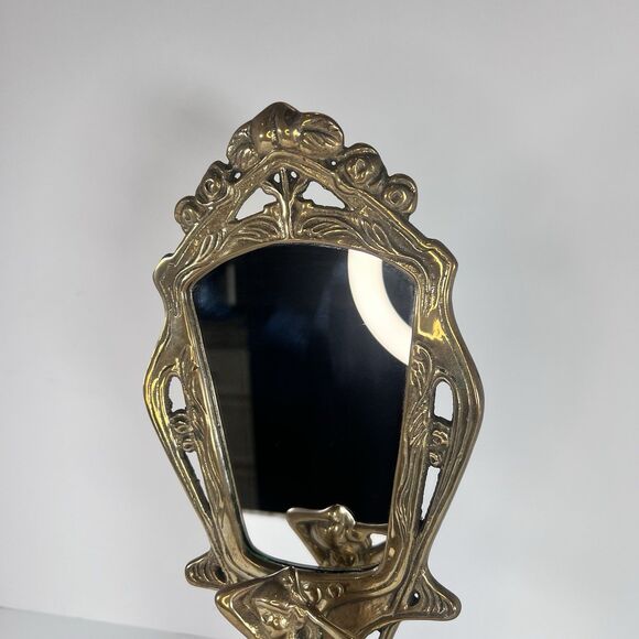 hand held Mirror Stand with Lady Figurine Nouveau cast Brass 11- 7/8" tall - Picture 4 of 15